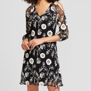 Floral Embroidered Mesh Cold Shoulder 3/4 Sleeve Black Mini Dress Coquette Sexy